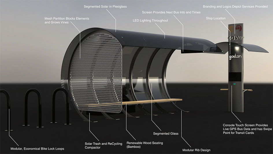 Smart bus stop using solar energy. Project by Dan Dittmar, Alix Salzinger, Vanessa Bean, master graduates in Sustainability Design, Savannah College of Art and Design.